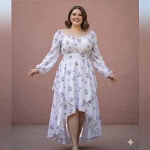 Lilac And Lavender Purple Baby Doll Long Sleeve Roses Dress Handkerchief Hem